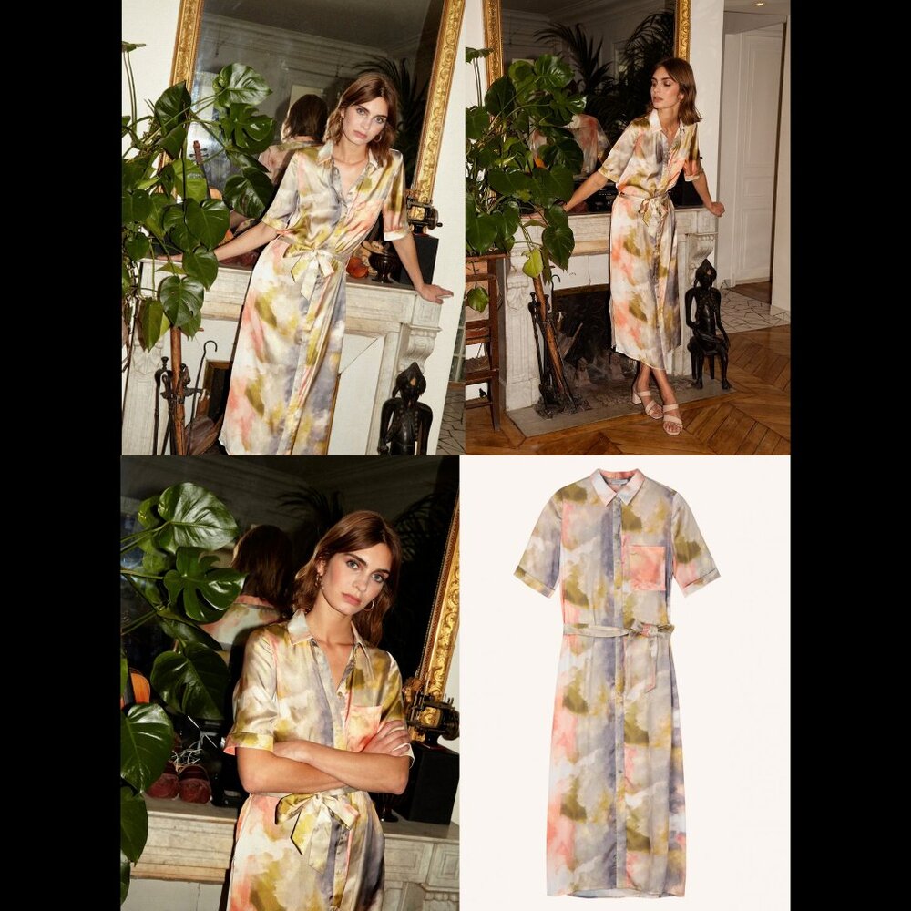 FRNCH Paris Abigail Maxi Shirt Dress in Silky Watercolor Tie Dye Print Small EUC